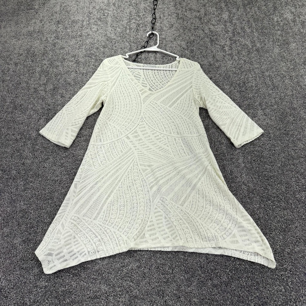 J Valdi Top Womens M White Lace 3/4 Sleeve Sheer Geometric Beach Tunic
